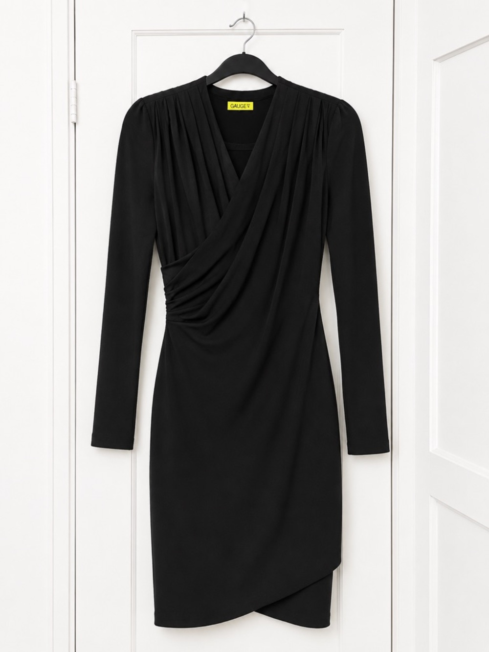 Gauge81 Black Draped Faux-Wrap Long-Sleeve Dress